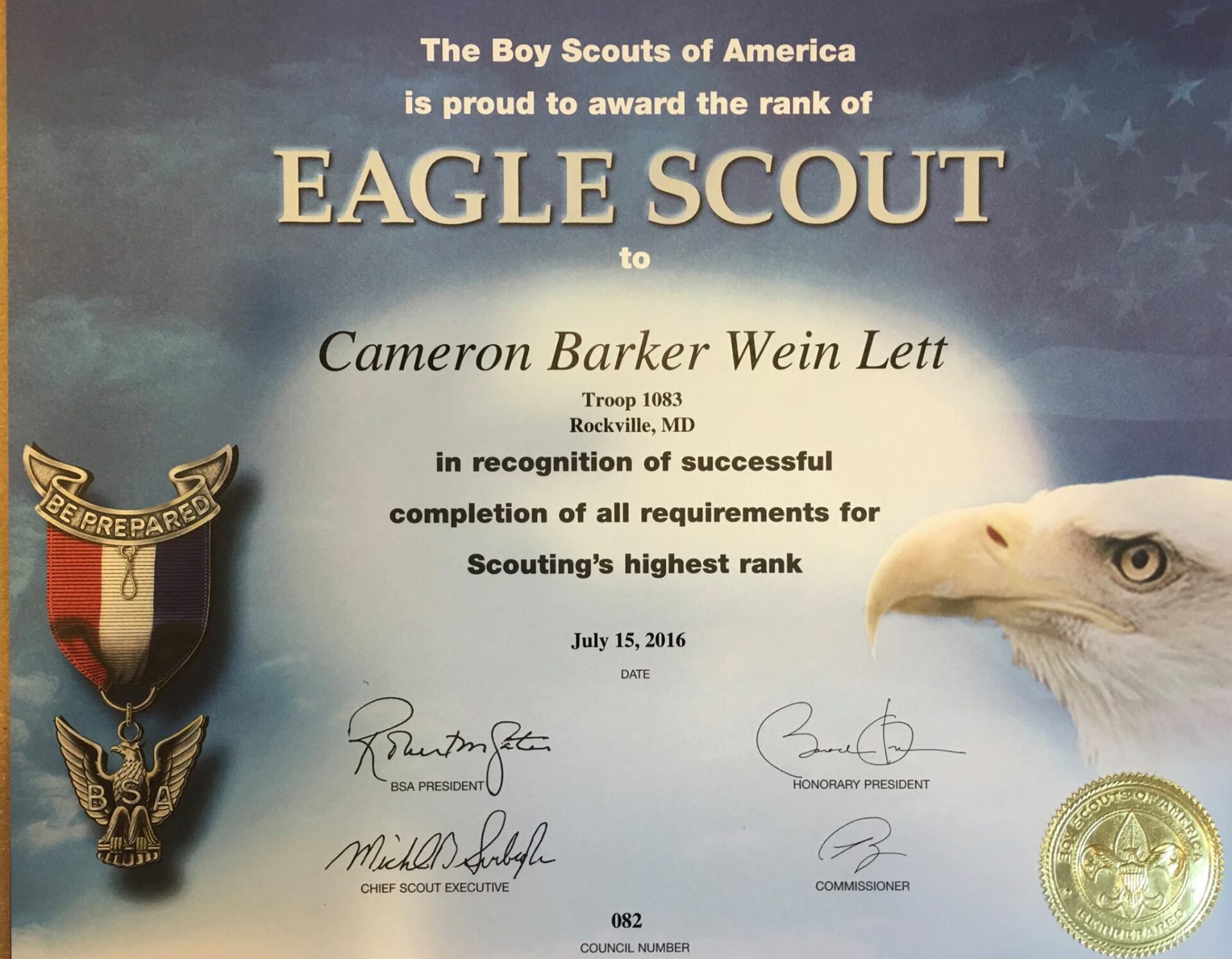 Certificate of Recognition from The Boy Scouts of America