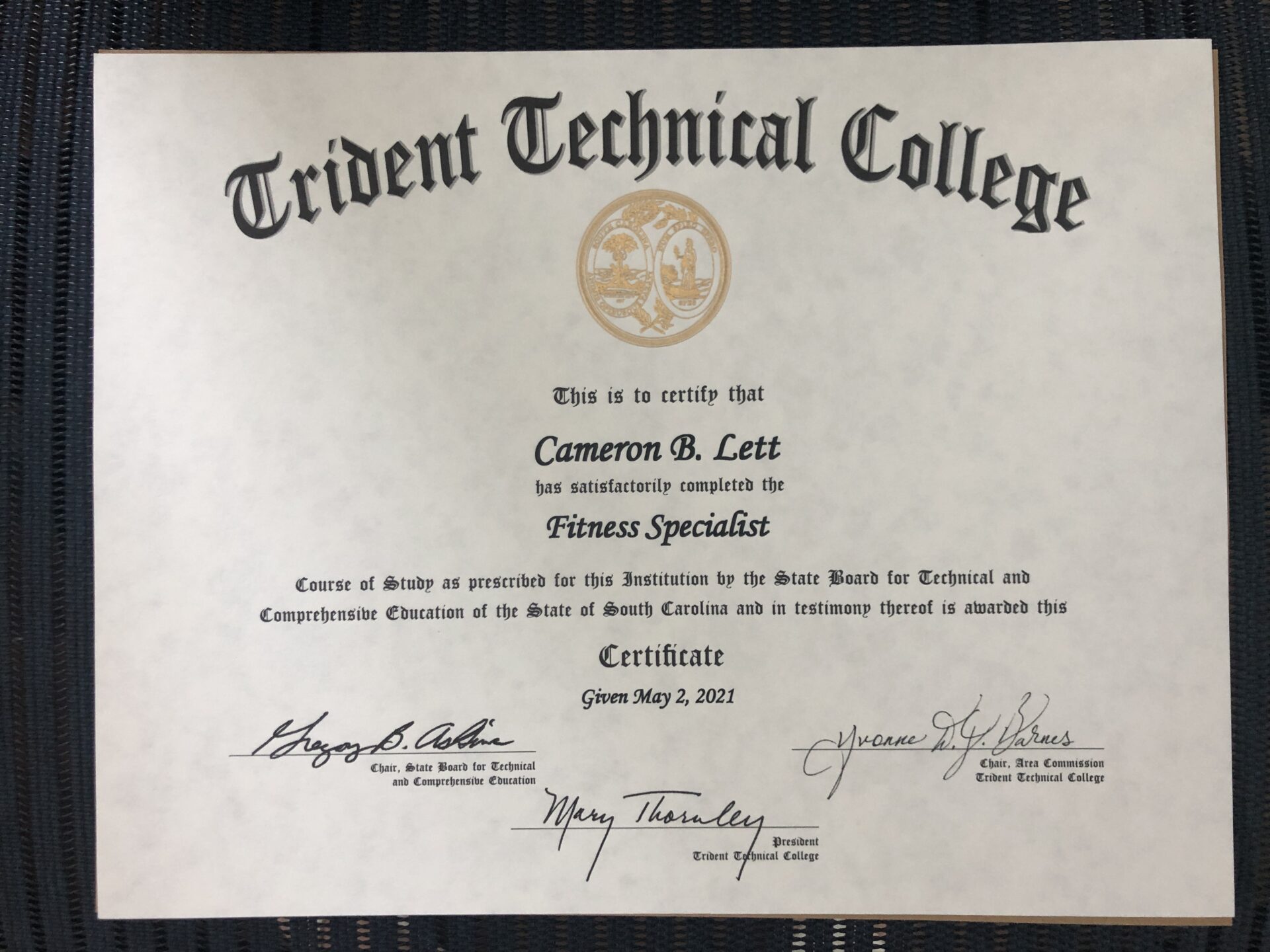 Fitness Specialist certification from Trident Technical College